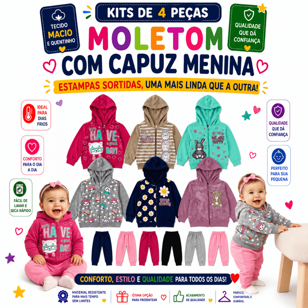 Kit Conjunto Menina 4 Peças Moletom com Capuz | Estampas Sortidas, Macio e Quentinho