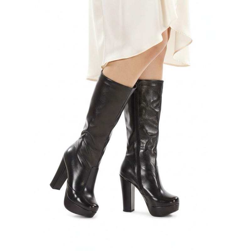 Bota Preta Feminina Cano Longo Bota Salto Alto com Plataforma Bota Cano Longo