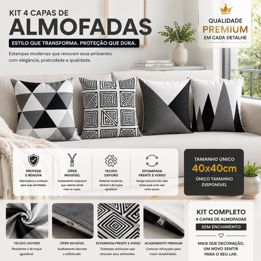Kit 4 Capas de Almofadas Preto e Branco Geométricas e Decorativas Gratidão 40x40 - Novadecora