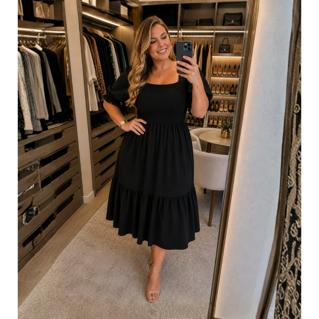 Vestido Midi Evangélico Plus Size Acinturado Elegante Manga Bufante Casual Dia a Dia Moda Modesta  Rodado