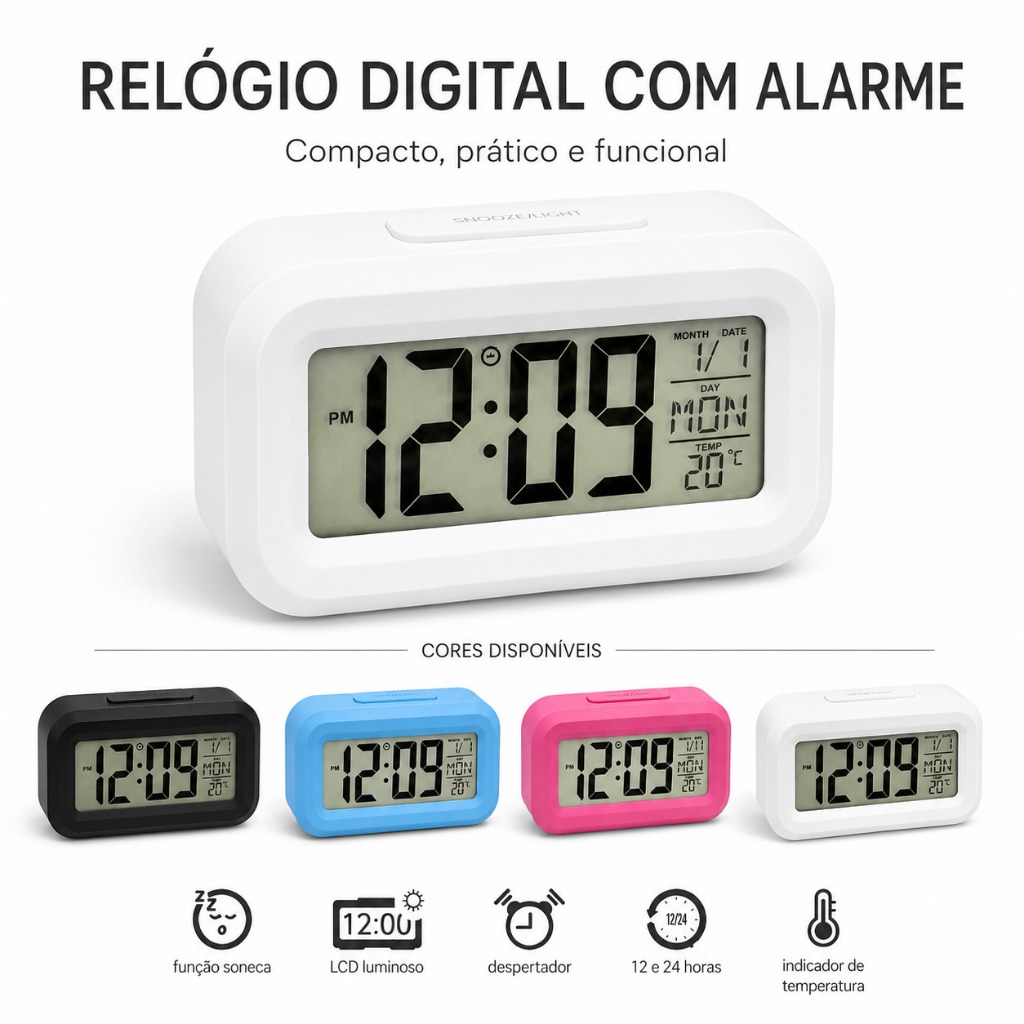 Relógio Digital Despertador Com LED Azul Temperatura Calendário Função Soneca Mesa Cabeceira
