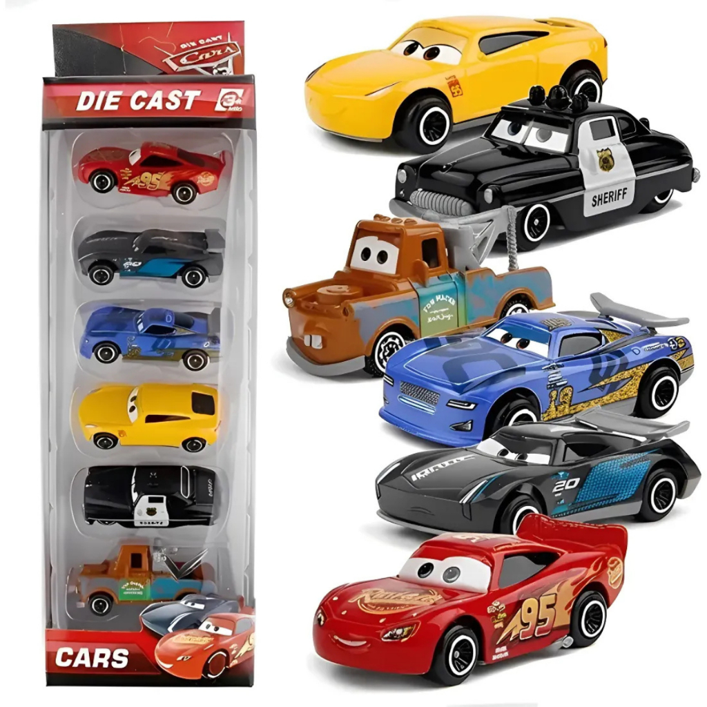 Kit 6 Carrinhos Metal Filme Carros Relâmpago McQueen Miniaturas Colecionáveis Disney Pixar Brinquedo Infantil