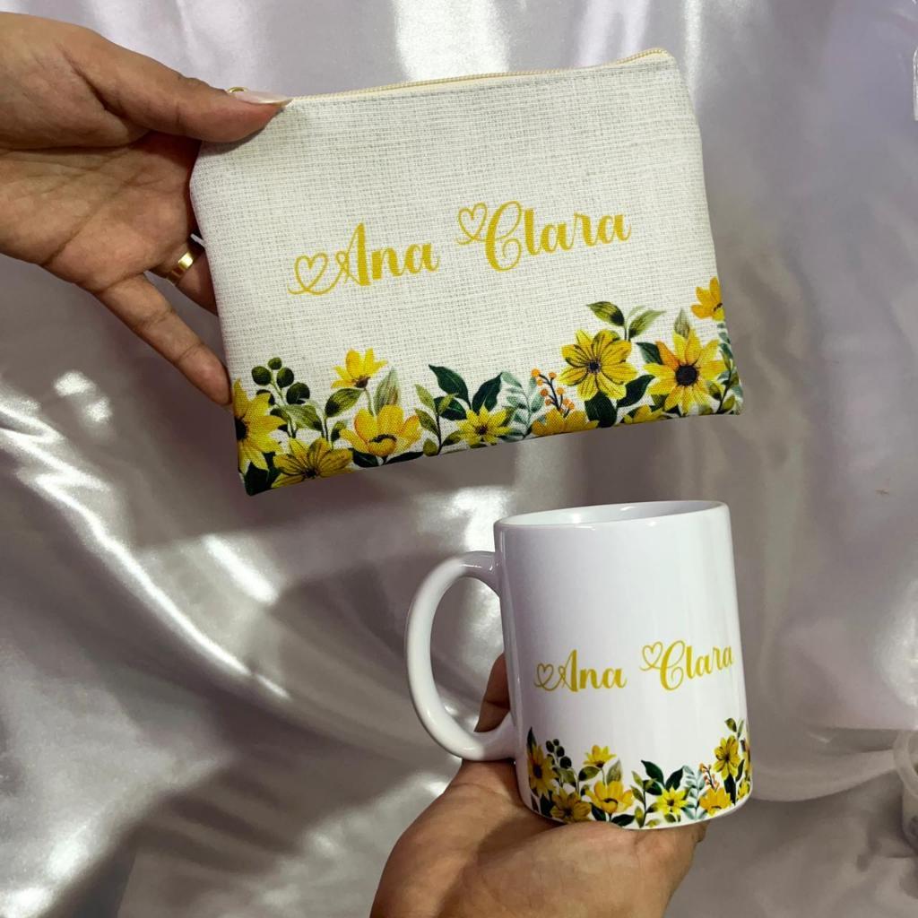 Caneca de Porcelana + Necessaire Personalizada, madrinha, presente, casamento, lembrancinha.