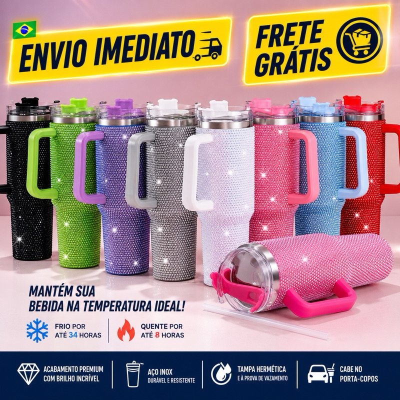 Copo Térmico 1200ml Com Strass Brilhante Com Alça Tampa E Canudo