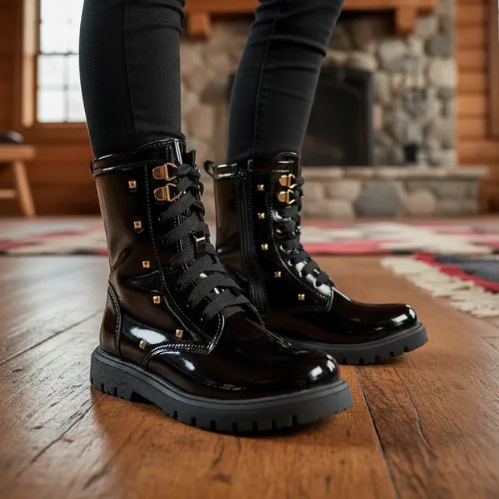 Bota Coturno Infantil Feminina Tratorada Tachas Douradas Zíper Menina Fashion