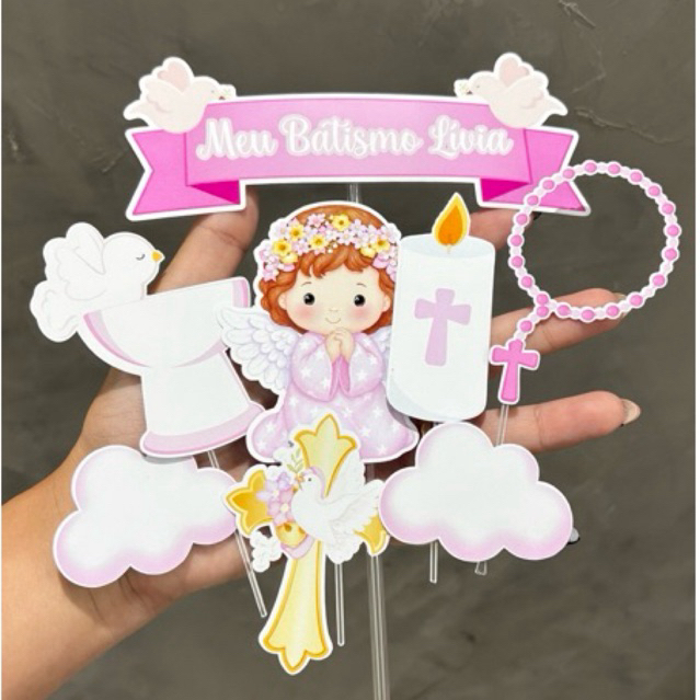 Topo de Bolo Personalizado Tema Batizado Menina- Topper Batizado Menina