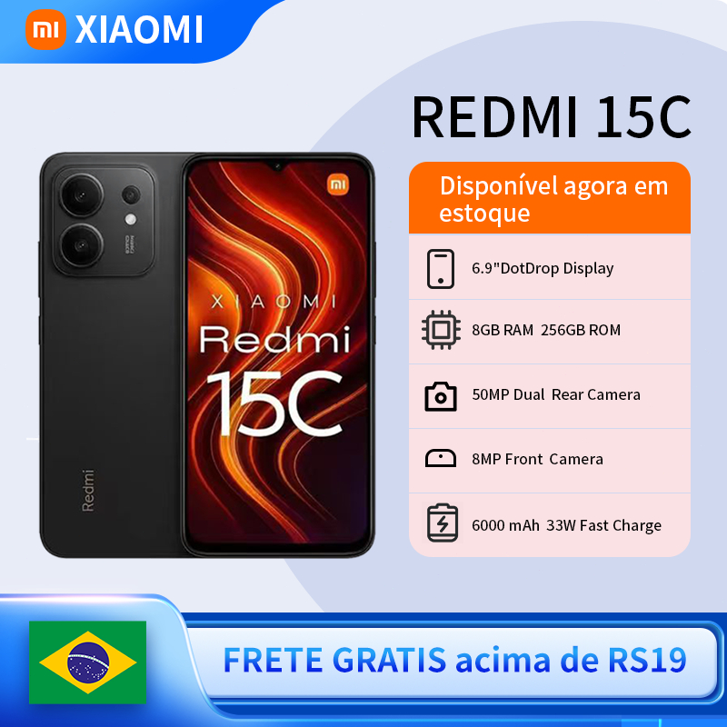 Celular Xiaomi Redmi 15C Dual SIM de 256GB 8GB RAM de 6.9" 50MP 8MP Bateria 6000mAh, Proteção IP64 Lançamento 2025