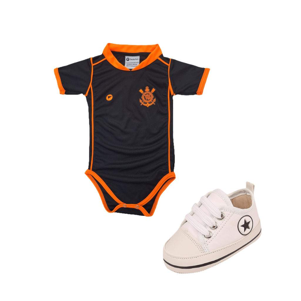 Kit 2 Peças Body Premium Oficial Torcida Baby Corinthians e Tênis Bebe Mania 71303 Branco