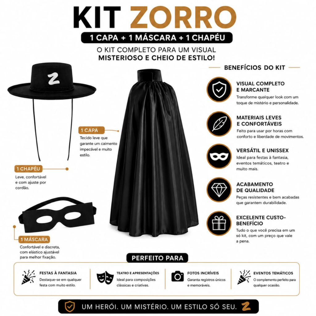 Kit Com 3 Peças Fantasia Zorro Herói Mascarado Carnaval Cosplay Festa Fantasia