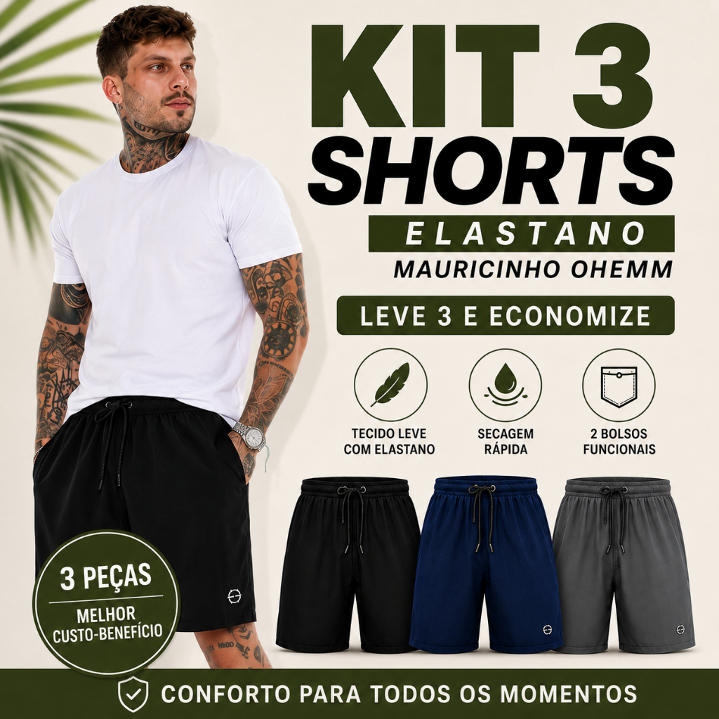 Kit 3 Shorts Mauricinho Elastano Praia Casual Praia Bermuda
