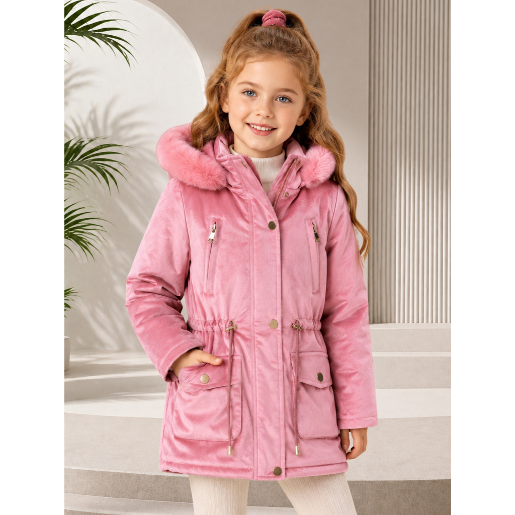 Parka Infantil Feminina Inverno Com Pelo No Capuz Casaco Quente Moda Meninas