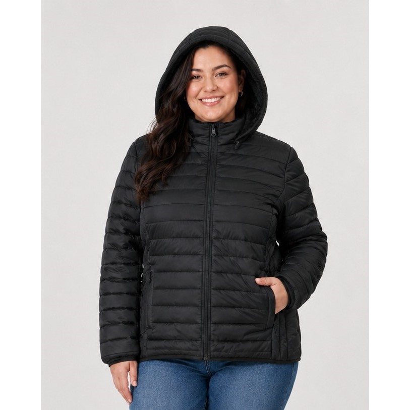 Jaqueta Puffer Bobojaco Feminina Plus Size G1 ao G6 Forro Peluciado Preta Capuz Removível Casaco de Frio Inverno