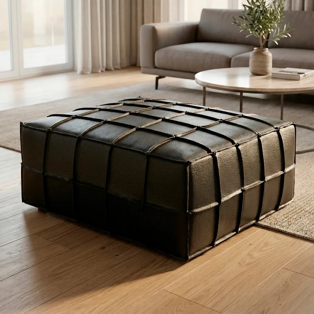Puff Decorativo 90x90cm Couro Legítimo Preto Premium Luxo para Sala de Estar Design Sofisticado - Desk Design