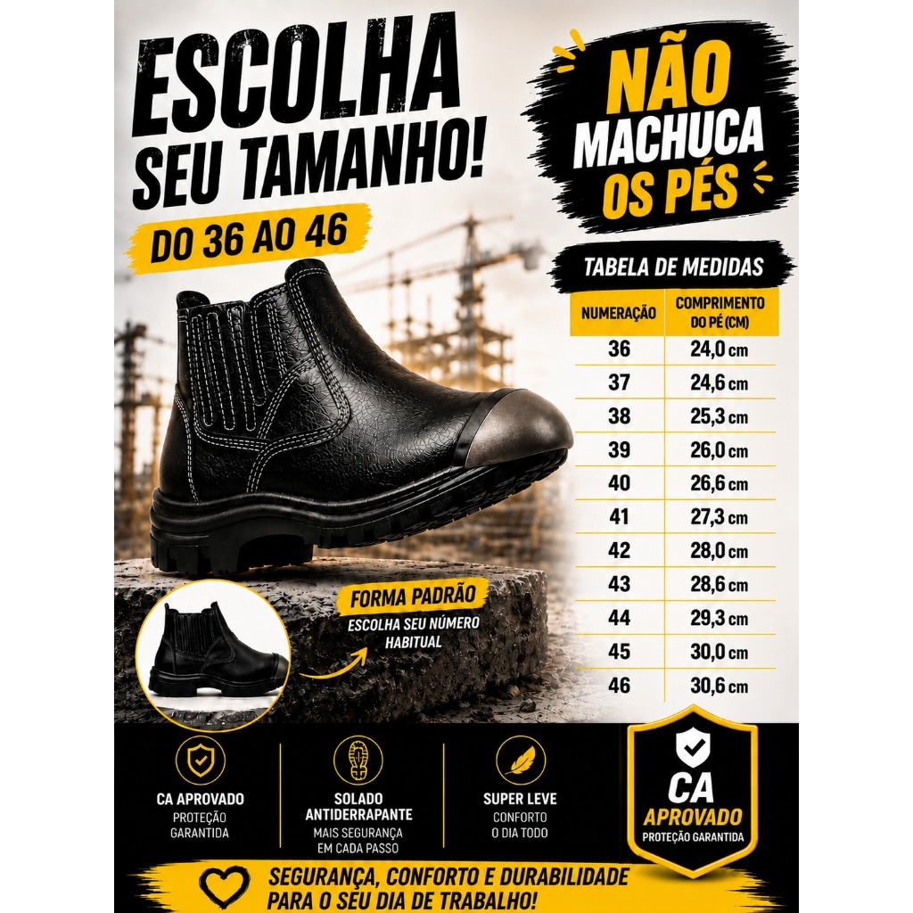 Botina Bota de Segurança Em Couro EPI Trabalho Obra CA Aprovado Biqueira PVC Unissex Profissional — imagem 2 de 2