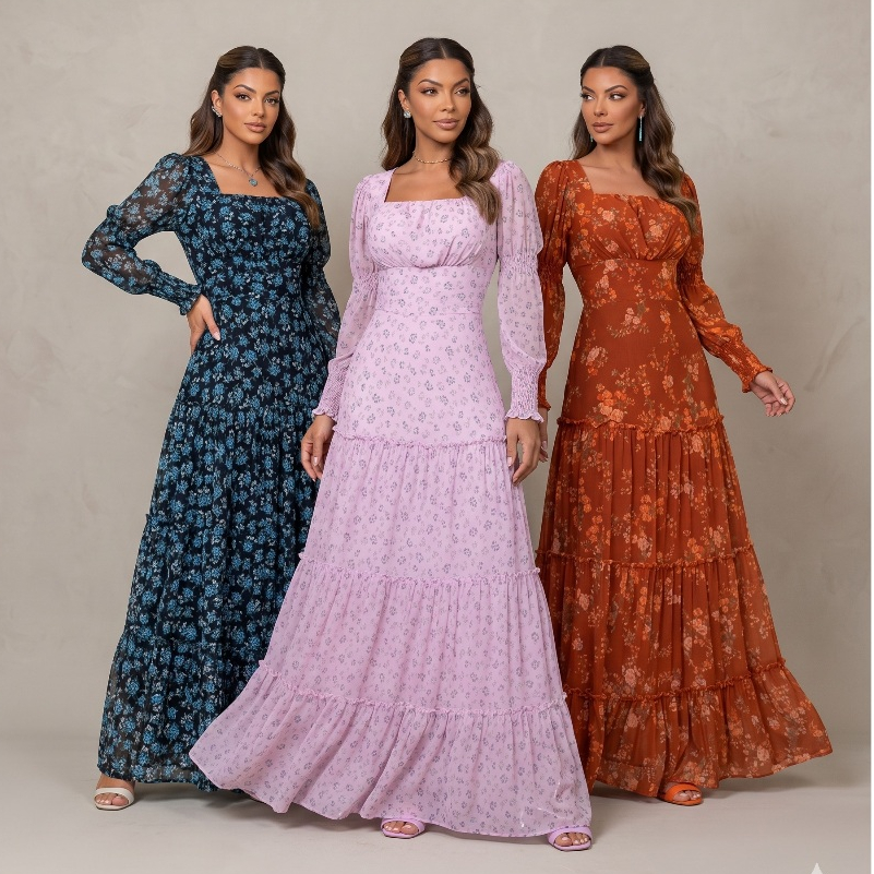 Vestido Feminino Jaqueline Evangélico Longo Manga Longa Madrinha Casamento Estampado Floral BM