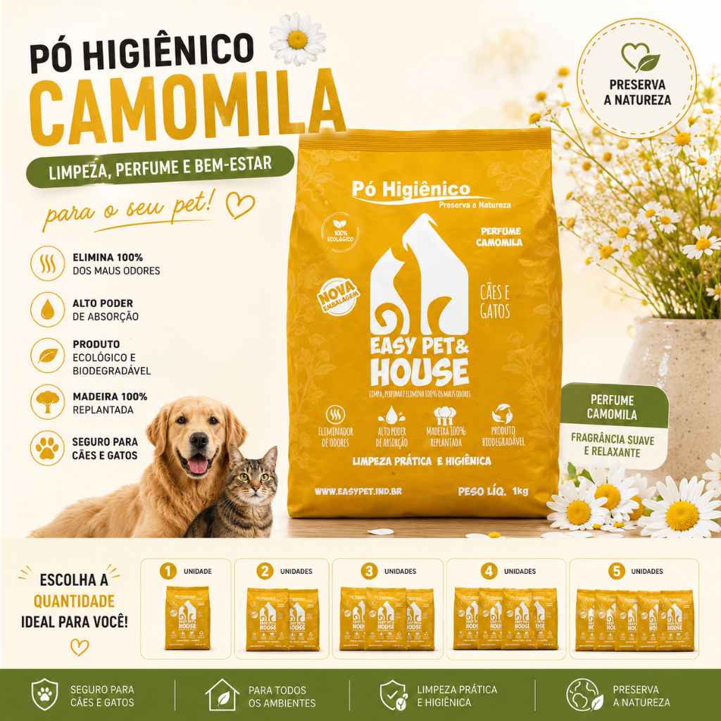 Pó Higiênico Camomila para Cachorro e Gato Elimina Odores Caixa de Areia Easy Pet e House 1kg