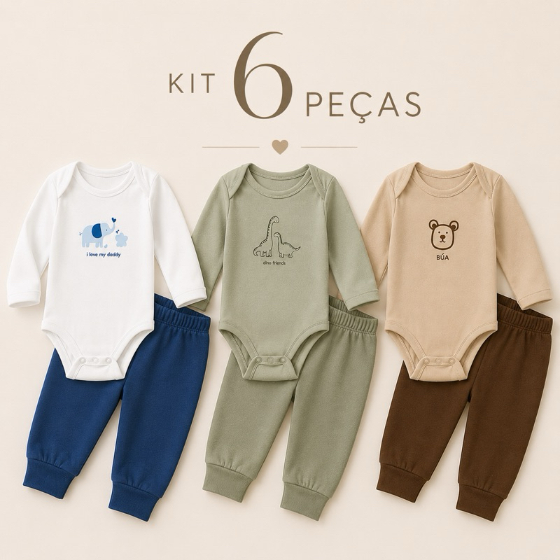 Kit Minimalista 6 Peças Body Bebê Manga Longa e Calça - Menino do RN ao GG