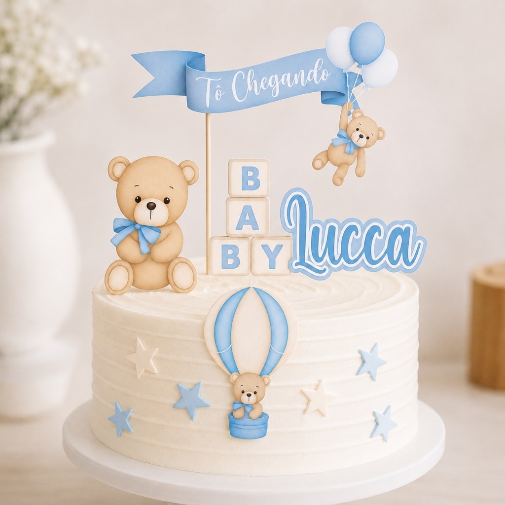 Topo de Bolo Ursinho Baloeiro Azul Personalizado Chá de Bebê