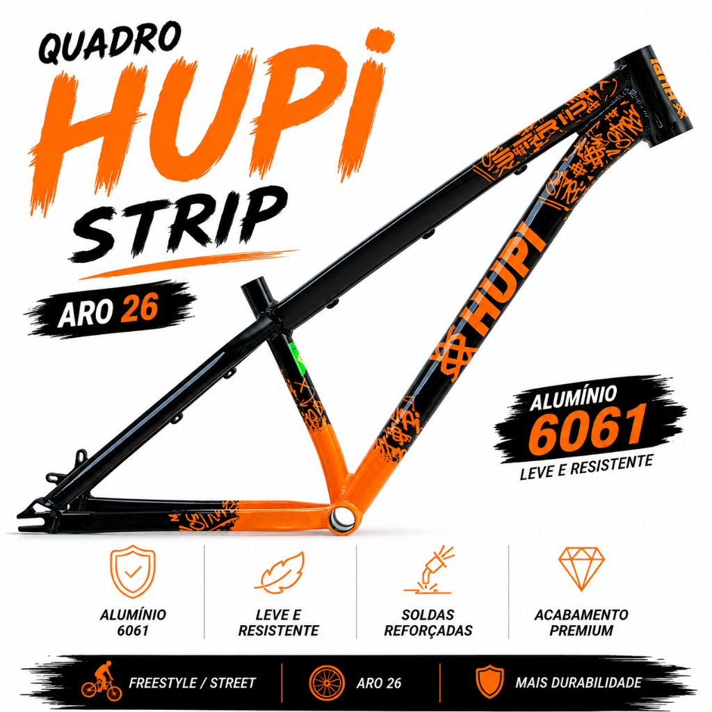 Quadro Hupi Strip Aro 26 Freestyle Alumínio Laranja e Preto