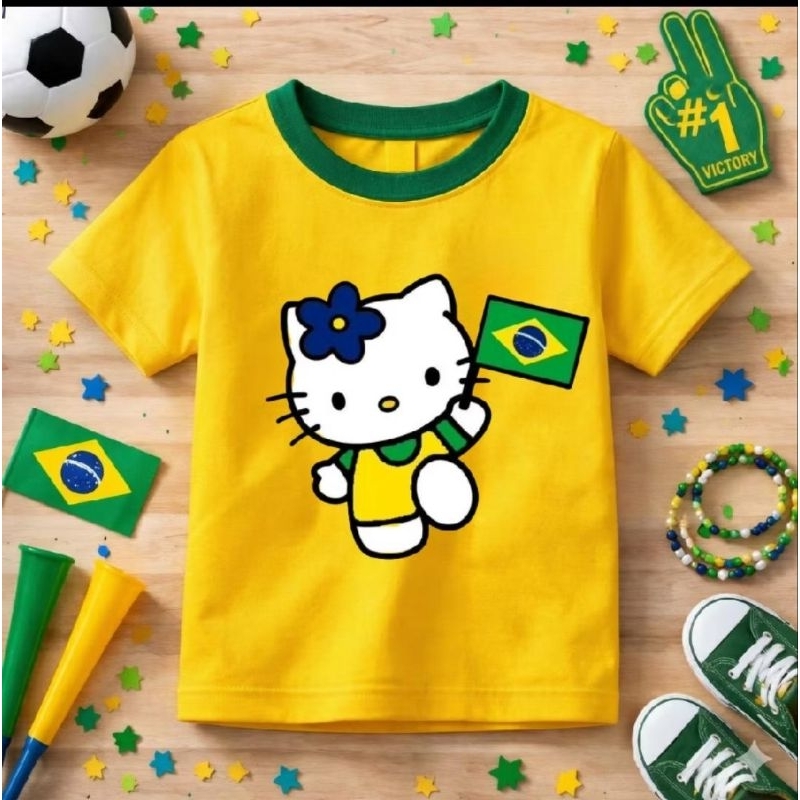 Camiseta Infantil Menina Estampada Hello Kity Brasil Copa Do Mundo Algodão Lançamento Crianças