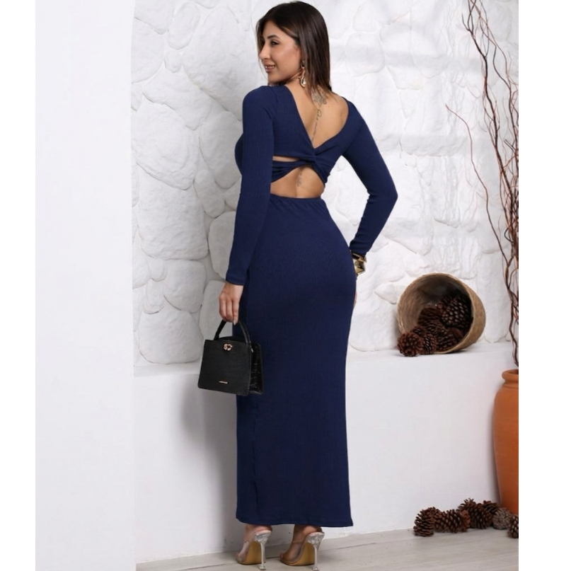 Vestido Midi Justo Festa Inverno Canelado Longo Colado Tubinho Blogueira Manga Longa Cruzado nas Costas Elegante