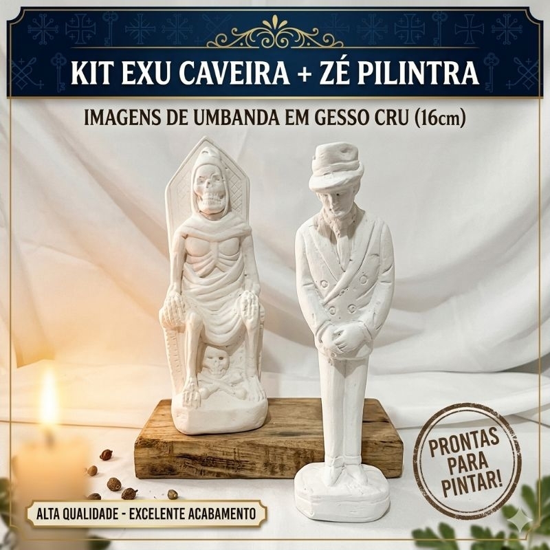 Par de Entidades Exu Caveira e Zé Pilintra em Gesso Cru 16cm