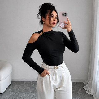 Blusa Feminina Ombro Vazado Manga Longa Com Fivela Dourada Blusa Feminina Elegante Inverno