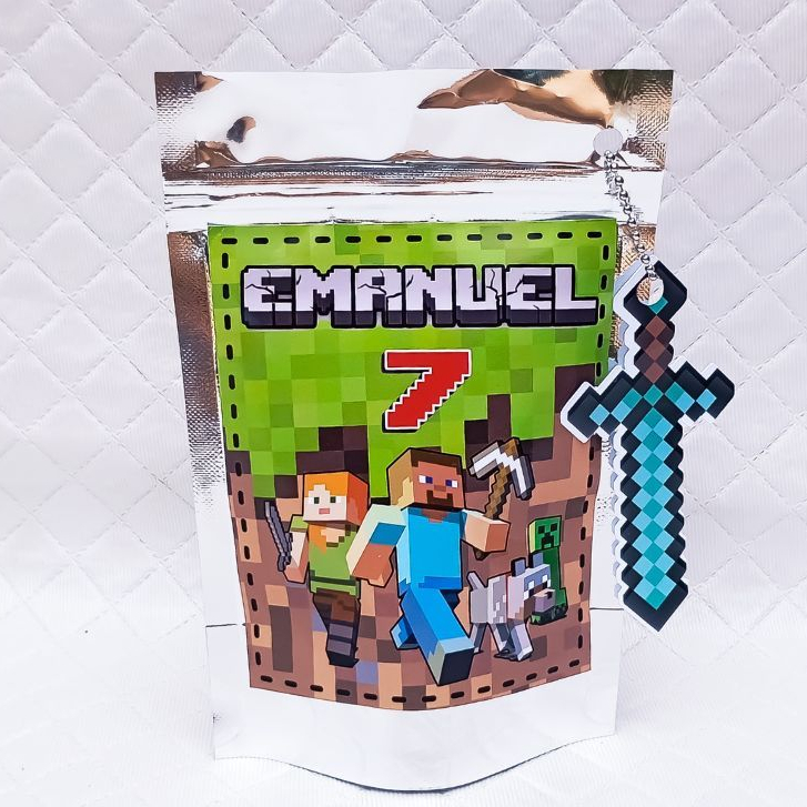 Saquinho Metalizado Zip Lock 10x15 ou 12x19 cm personalizado para lembrancinha aniversário Minecraft