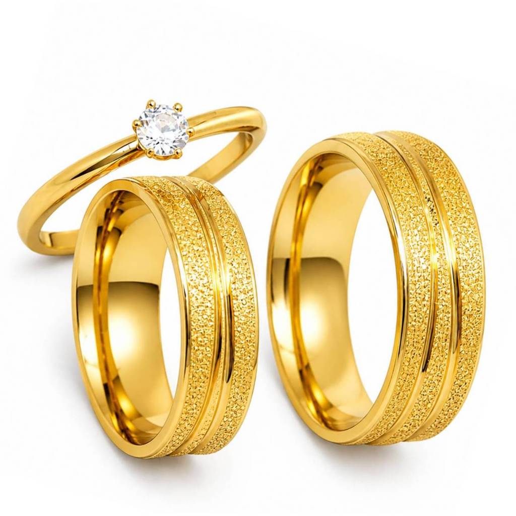 Par de Alianças de Casamento Dourada Ouro Kit com Anel Solitário e Caixinha de Veludo 6mm Anatômica