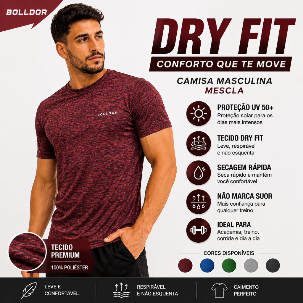 Camisa Dry Fit Masculina Mescla 100% Poliéster Academia Treino Esportiva