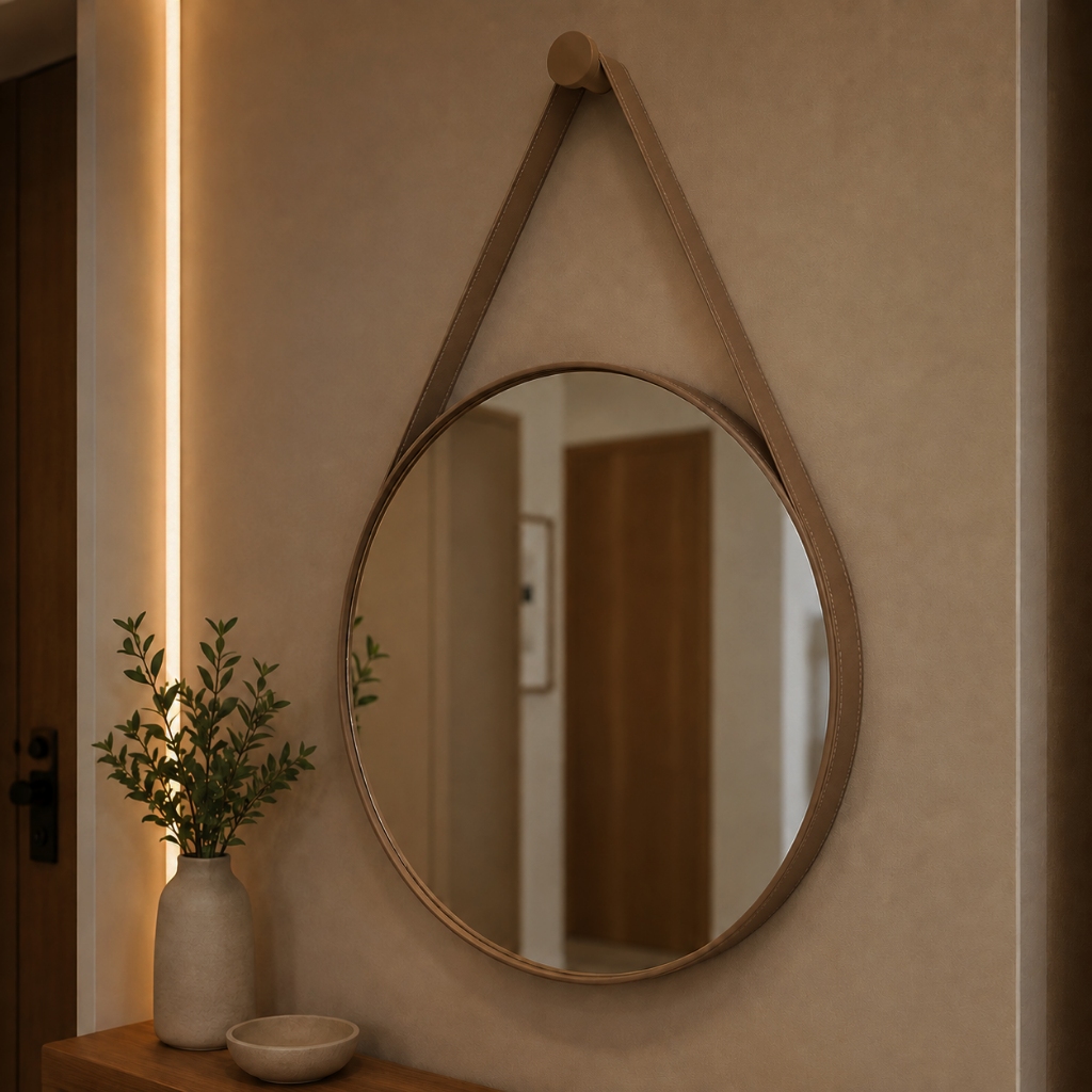 Espelho Decorativo Redondo Com Alça de Couro Adnet Para Banheiro Sala 60cm C/ Pino Suporte