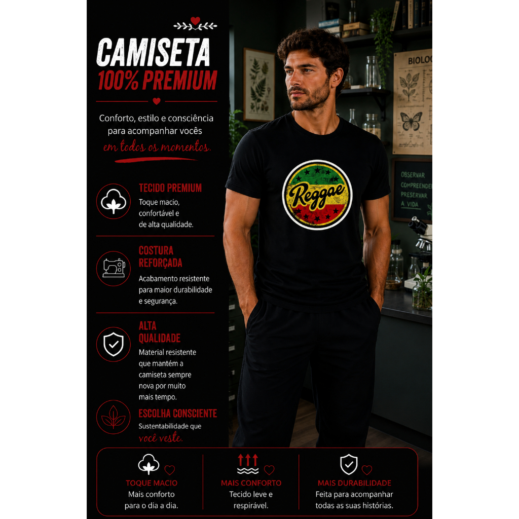CAMISETA MASCULINA RAGGAE MUSIC RASTAFARI JAMAICA MUSIC 100% ALGODÃO PREMIUM