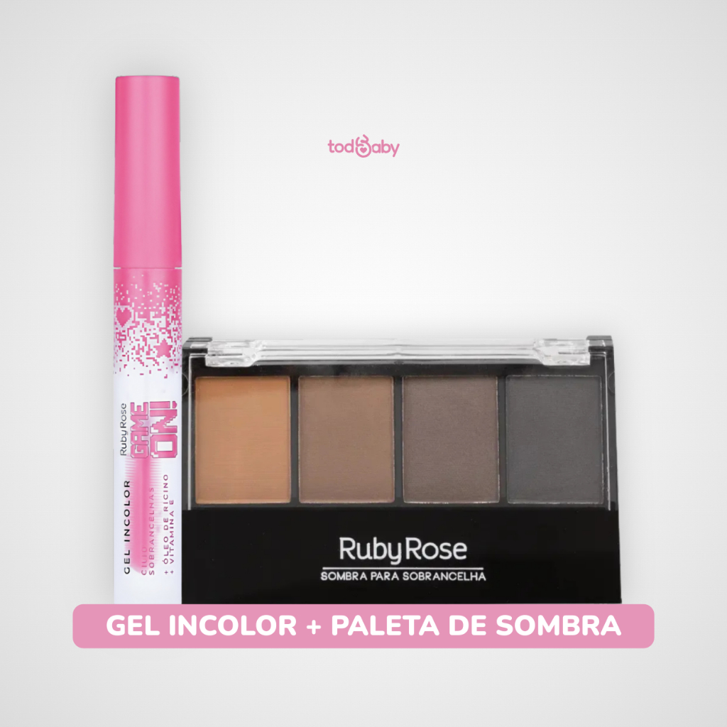 Paleta Sobrancelha 4 em 1 Ruby Rose® + Gel Incolor Game On Cílios e Sobrancelha Kit Maquiagem