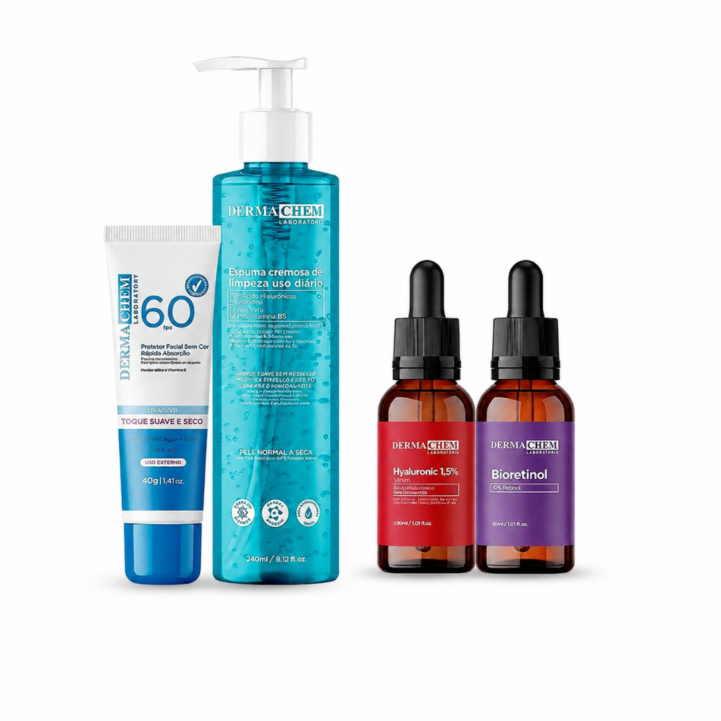 Kit Pele Madura + Hidratação 4 super produtos: Protetor Solar 60 FPS + Sérum Bioretinol + Sérum Hyaluronic 1,5