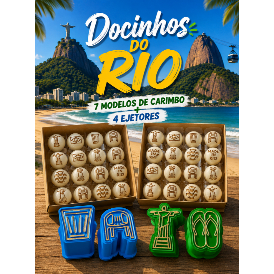 Kit 7 Carimbos + 4 Ejetores tema Rio de Janeiro / Brasilidades / Cristo Redentor /Caramelo para Doces e Brigadeiros