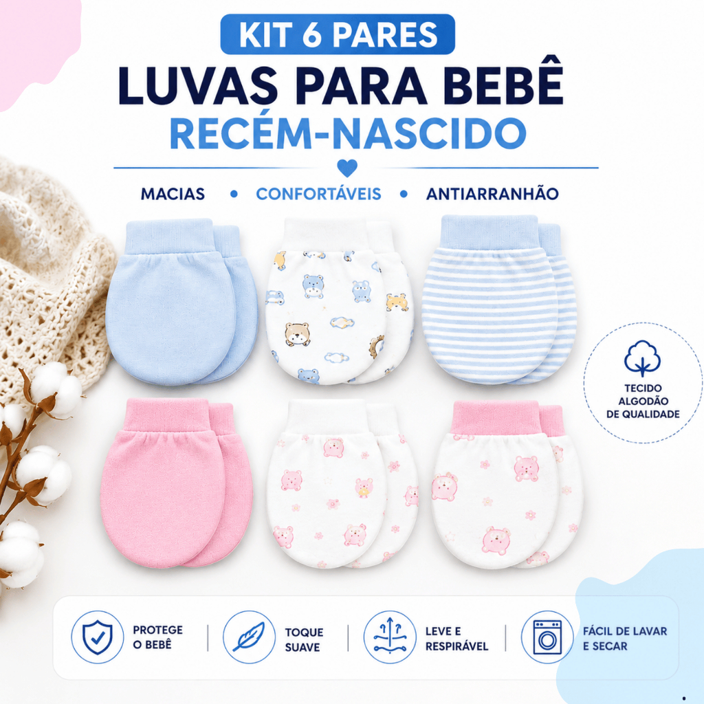 Kit 6 Pares Luvas Bebê Recém Nascido Inverno 100% Algodão Suaves e Hipoalérgica RN Proteção