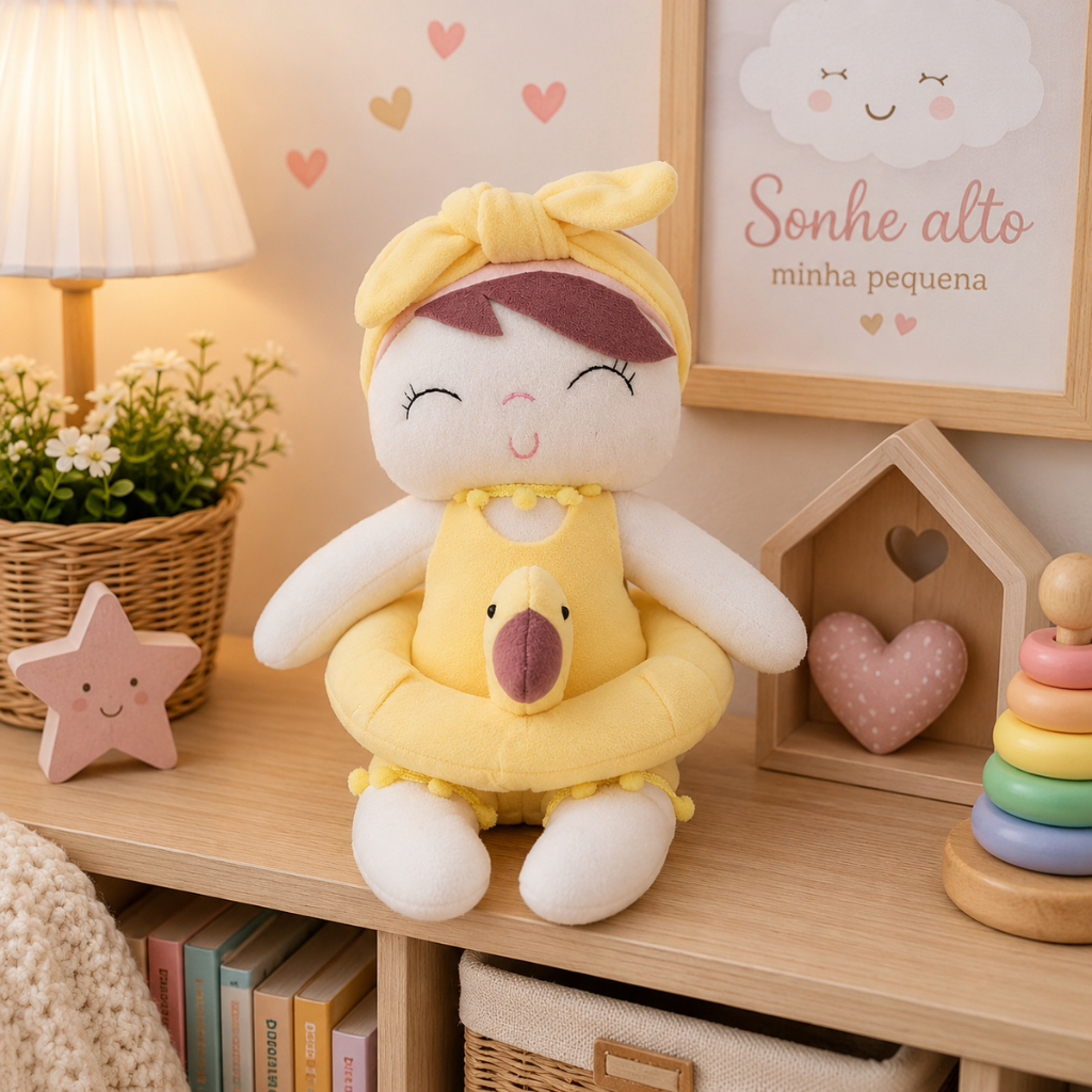 Boneca Metoo Infantil Amarela 30cm Decorativa Quarto Bebê Menina Fofa