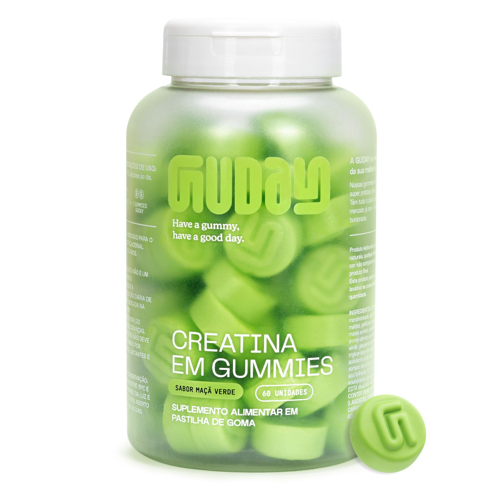 Guday Creatina Mastigável – 60 Unidades – Sabor Maçã Verde, Suplemento Alimentar 1,5g por Dose, Sem Lactose e Sem Glúten