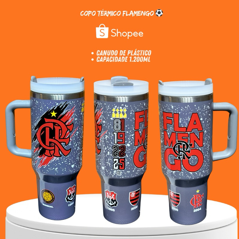 ⚽️🔴⚫️ Copo Térmico 1.200ml com Canudo e Alça - Mostre sua Paixão Por Futebol ⚽️🔴⚫️