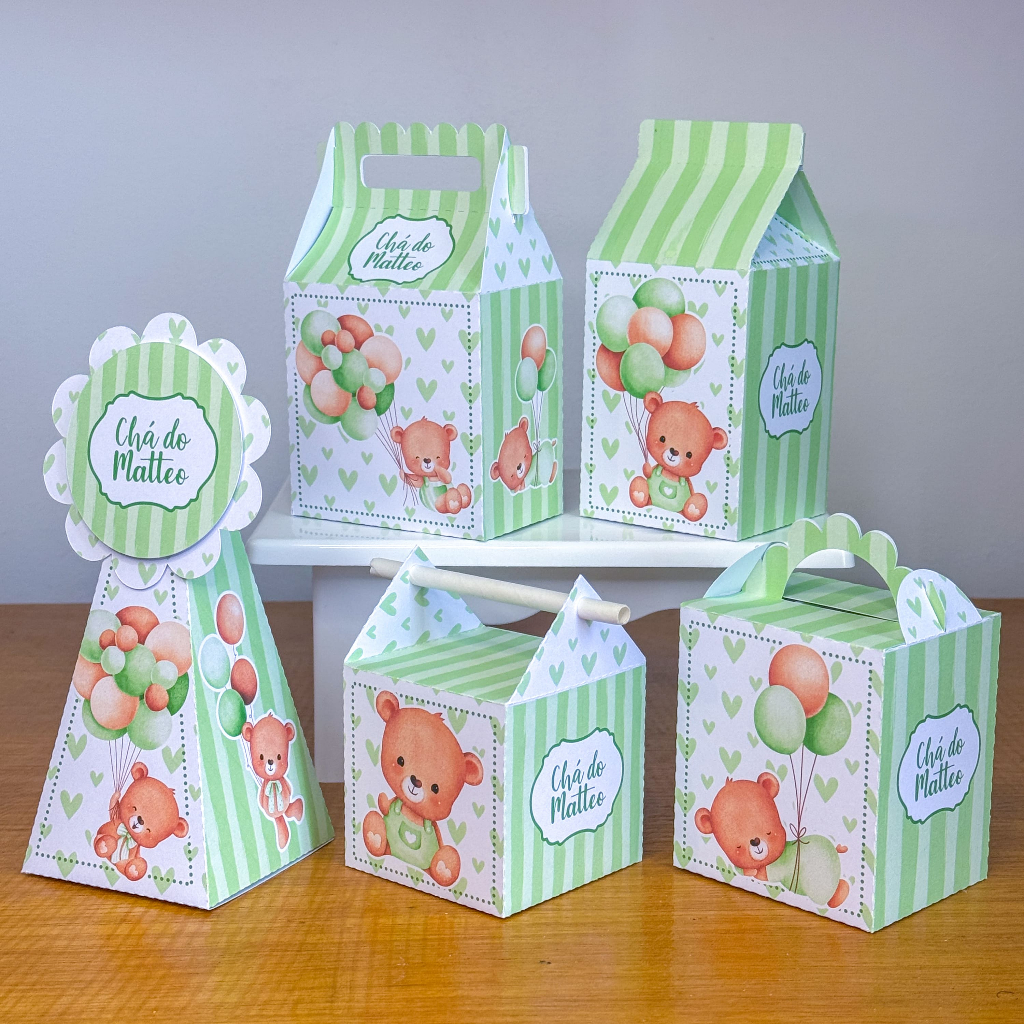 PEGUE E MONTE|Kit Festa Personalizado| CHÁ DE BEBE VERDE | Caixinhas Lembrancinha para Aniversário - SEMIMONTADAS