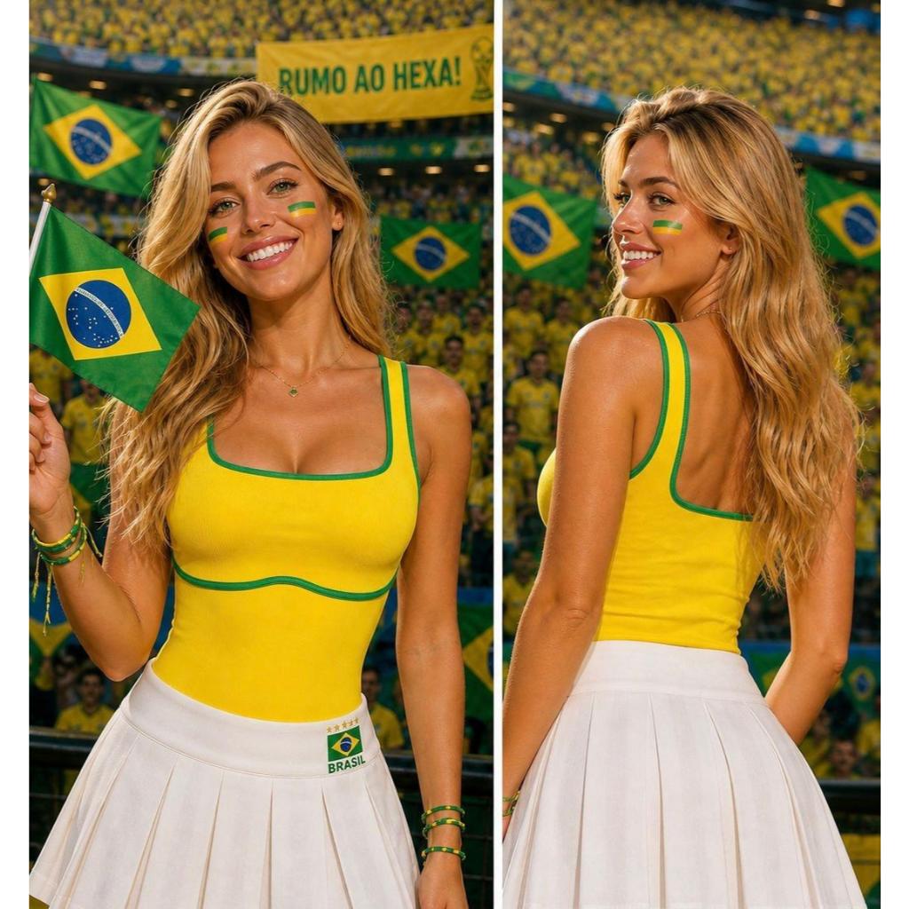 Body Feminino Brasil Copa Com Bojo Canelado Biocolor Alça Andreia
