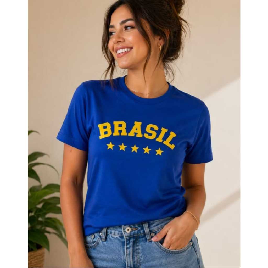 Camiseta Feminina T-Shirt Do Brasil Copa Do Mundo  Verde, Azul e Amarela 100% Algodão 30.1
