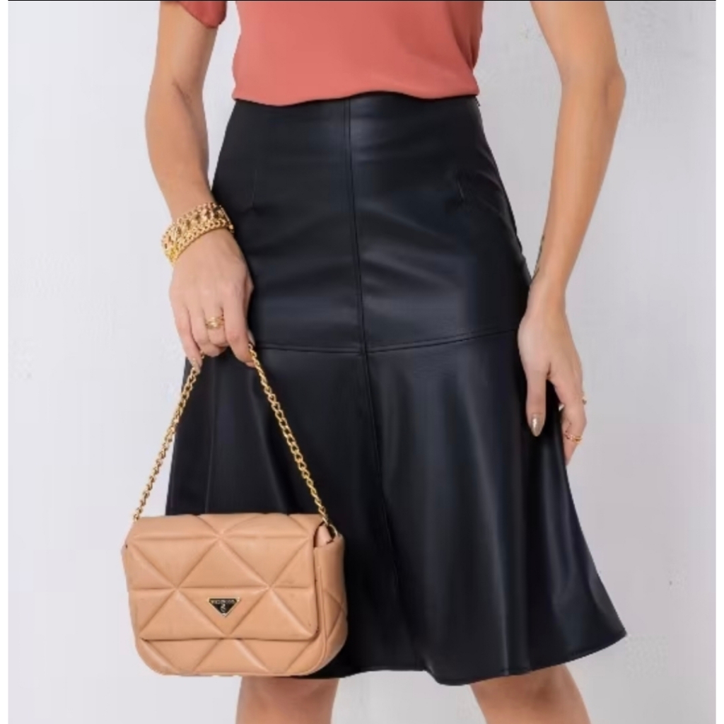Saia Midi Feminina Evase Gode Couru Fake Moda Evangelica Cintura com Revel Elegante Moderno Inverno