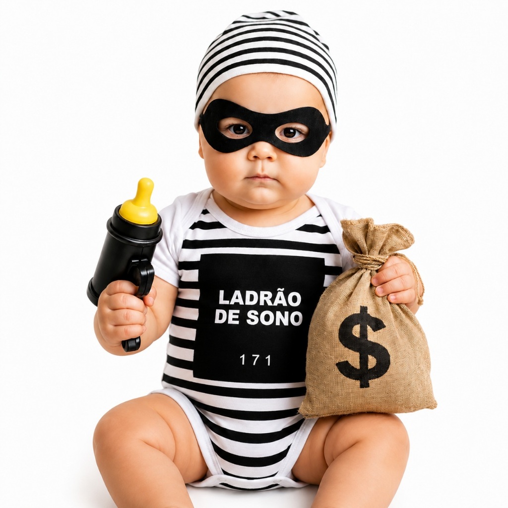 Body Bebê Temático Ladrão de Sono Roupa Infantil + Touca + Máscara Mesversario
