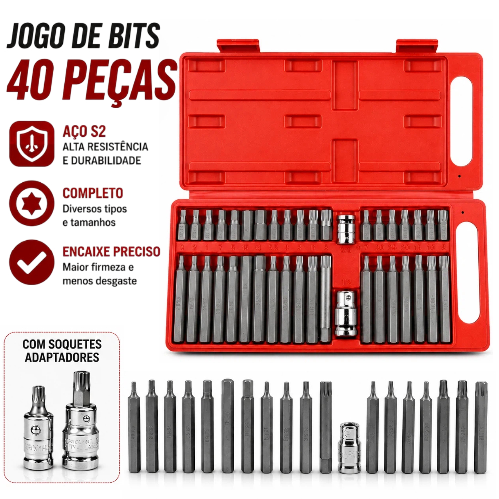 Kit 40 Peças Jogo de Bits Torx e Allen Multidentada com Várias Medidas - Kit Ferramentas para Chave de Fenda