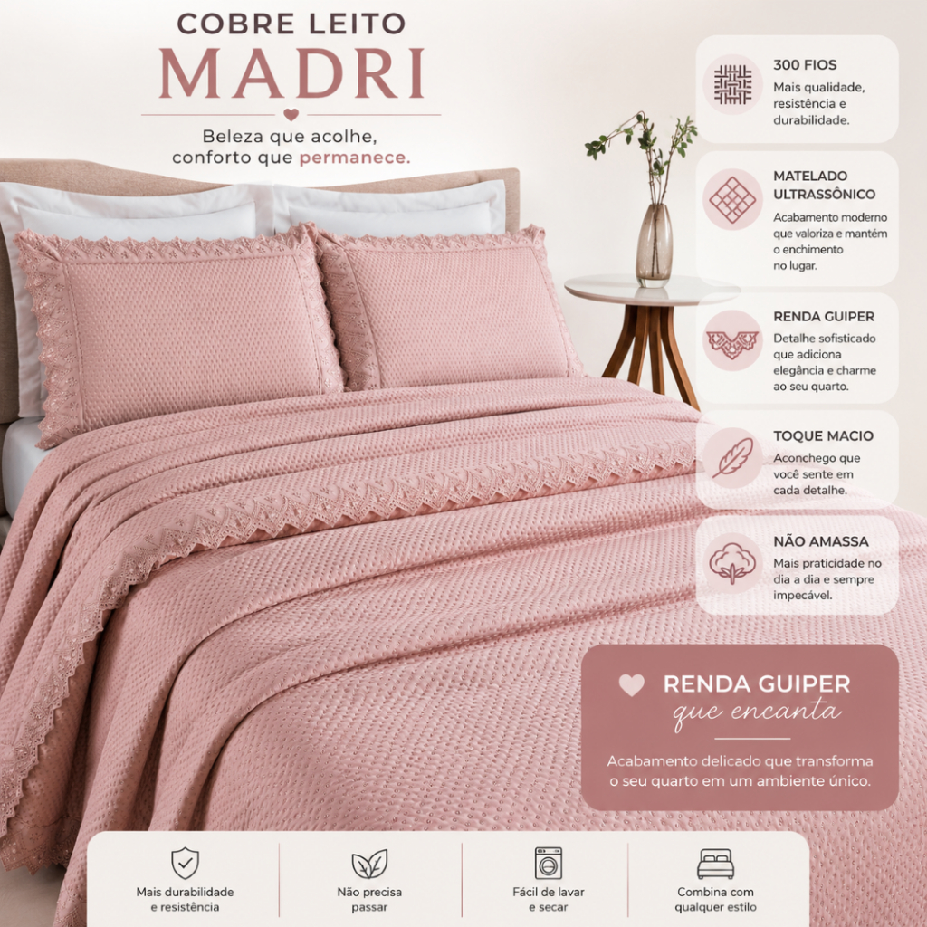 Kit Colcha Cobre Leito Cama Queen 3 peças percal 300 Fios com Renda Guiper Bordado MADRI Cores.