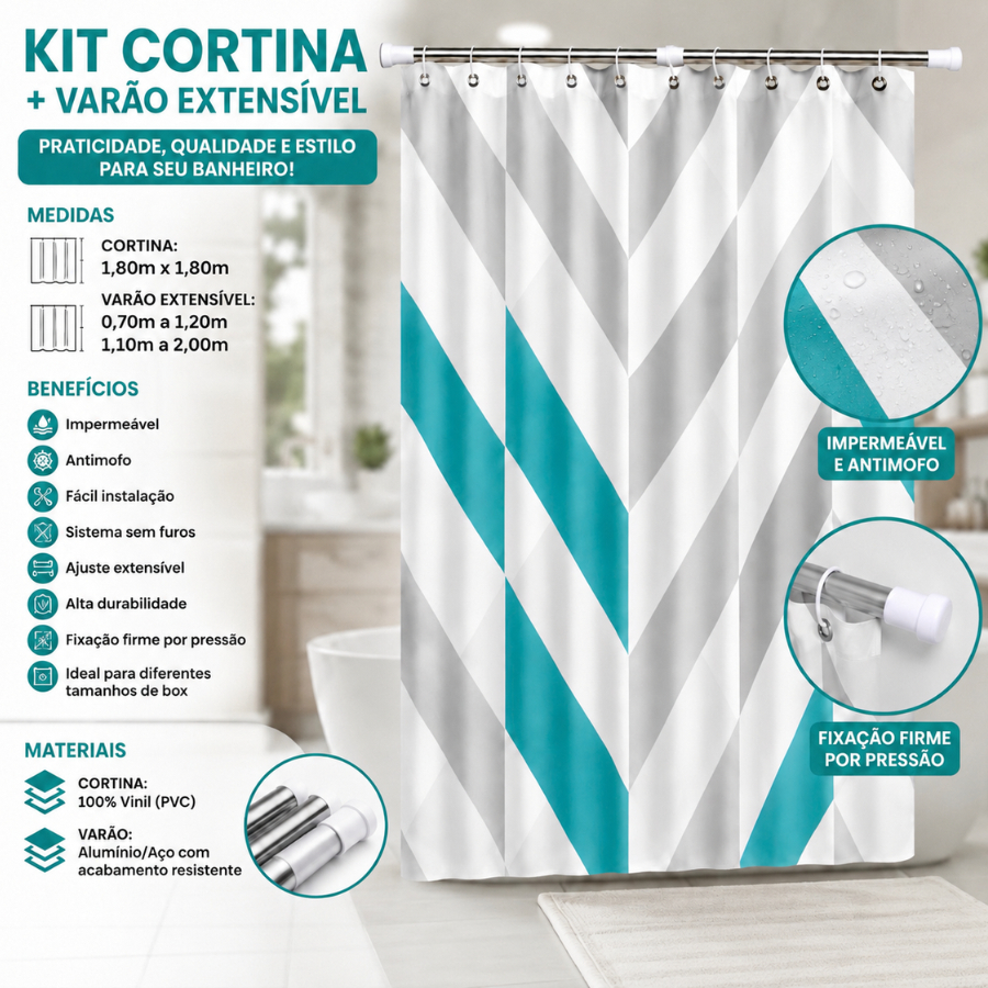 Cortina Box Premium com Varão Extensível Sem Furo Fácil Instalar