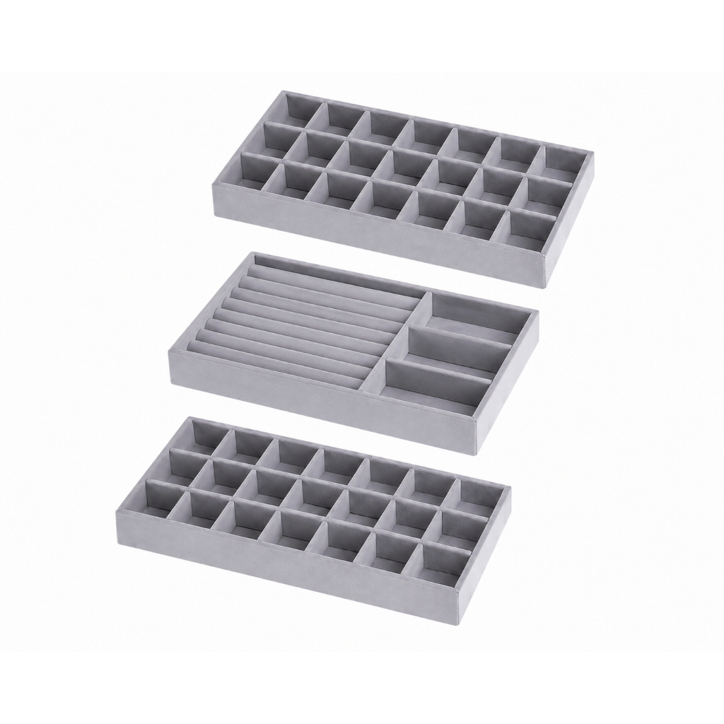 KIT ORGANIZADOR DE JOIAS ACESSORIOS E SOUVENIRS DE VELUDO – 3 BANDEJAS