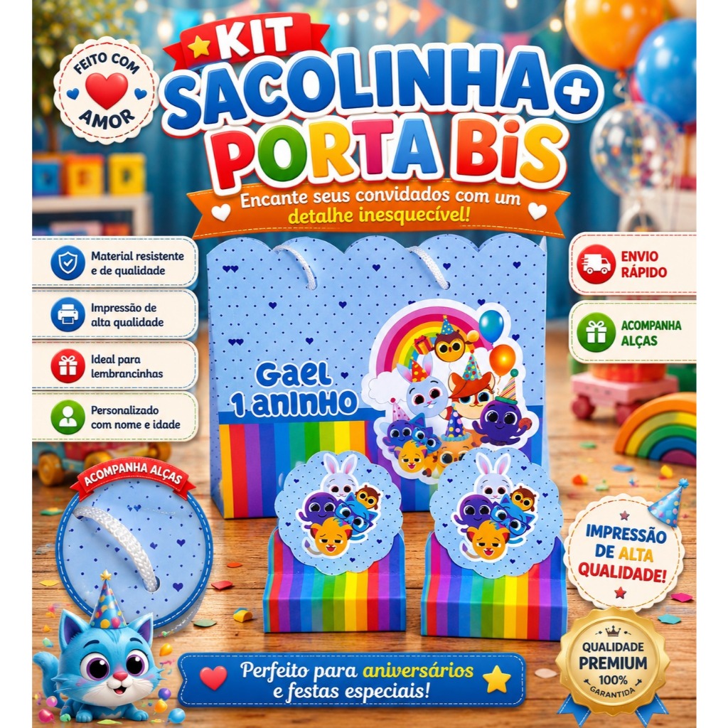 10 ~ 30 Sacolinhas G + Porta Bis Bolo Fofos Menino Lembrancinha Festa Infantil Luxo Mimo Aniversario