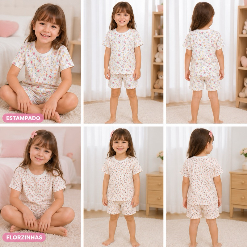 Pijama   Infanto-juvenil  Feminino Verão Menina Conjunto Camiseta e Short Estampado Floral Safari 100% algodão
